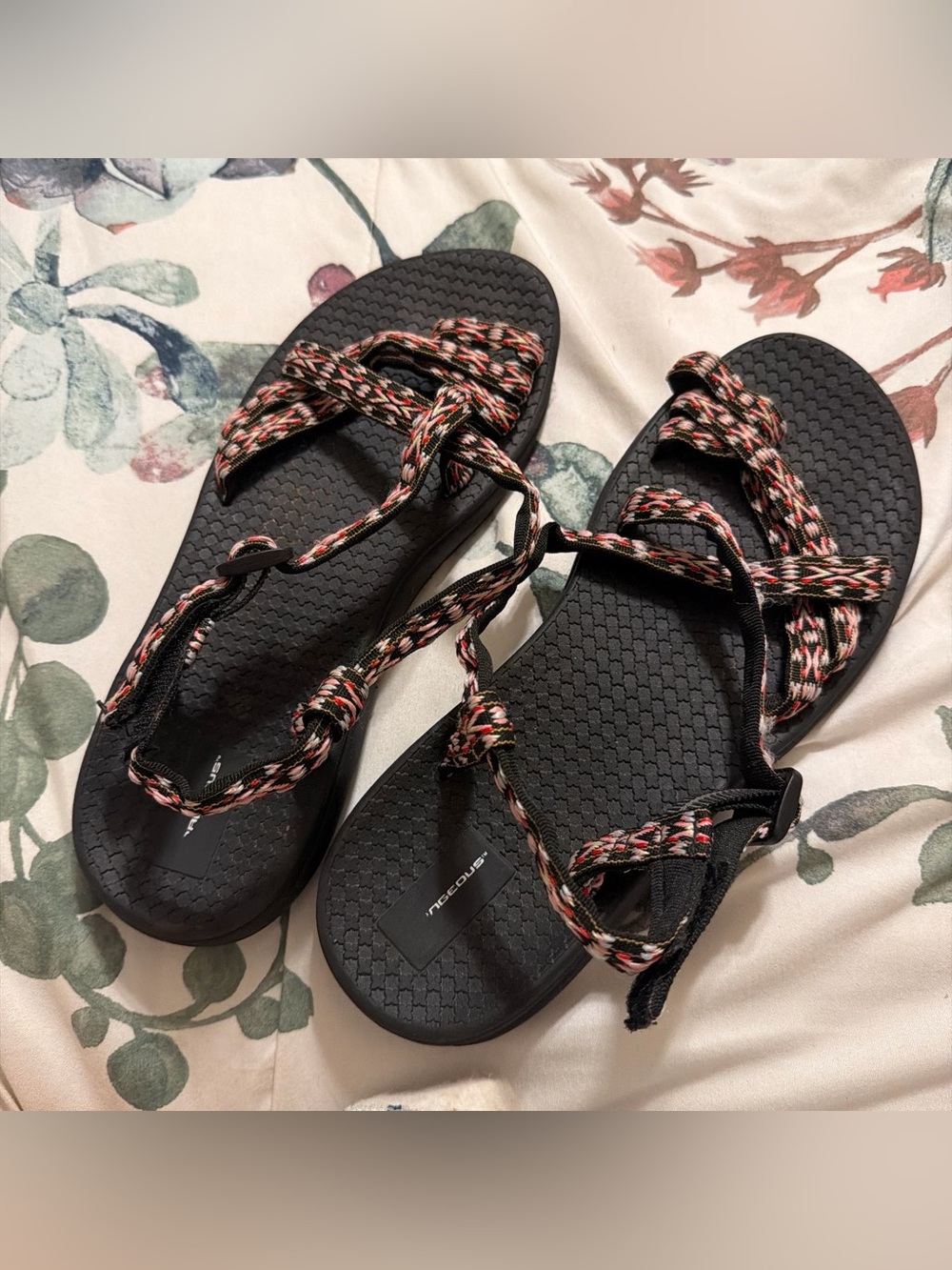 Black Women's Sandals with Braided Pink-White Accent Straps